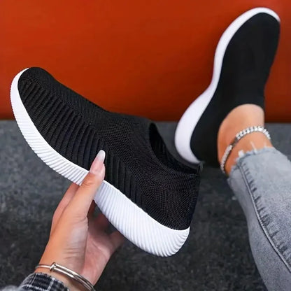 Women's Solid Color Mesh Sneakers Flying Woven Walking Fashion Slip-on Flat Shoes Sports Running Tennis