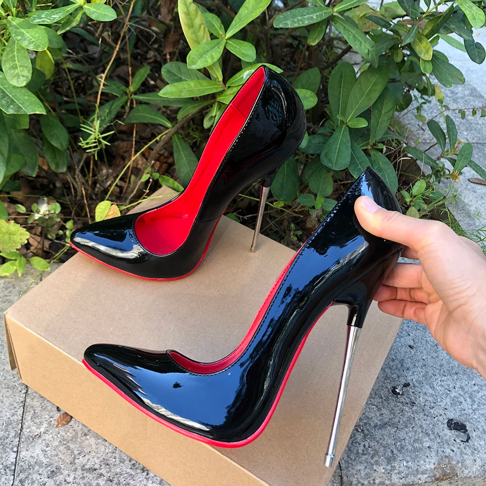 16cm Extreme Metal High Heels Stilettos Sexy Women Solid Black With Red inside Pumps Fetish Model Party Unisex Shoes Size 35-46