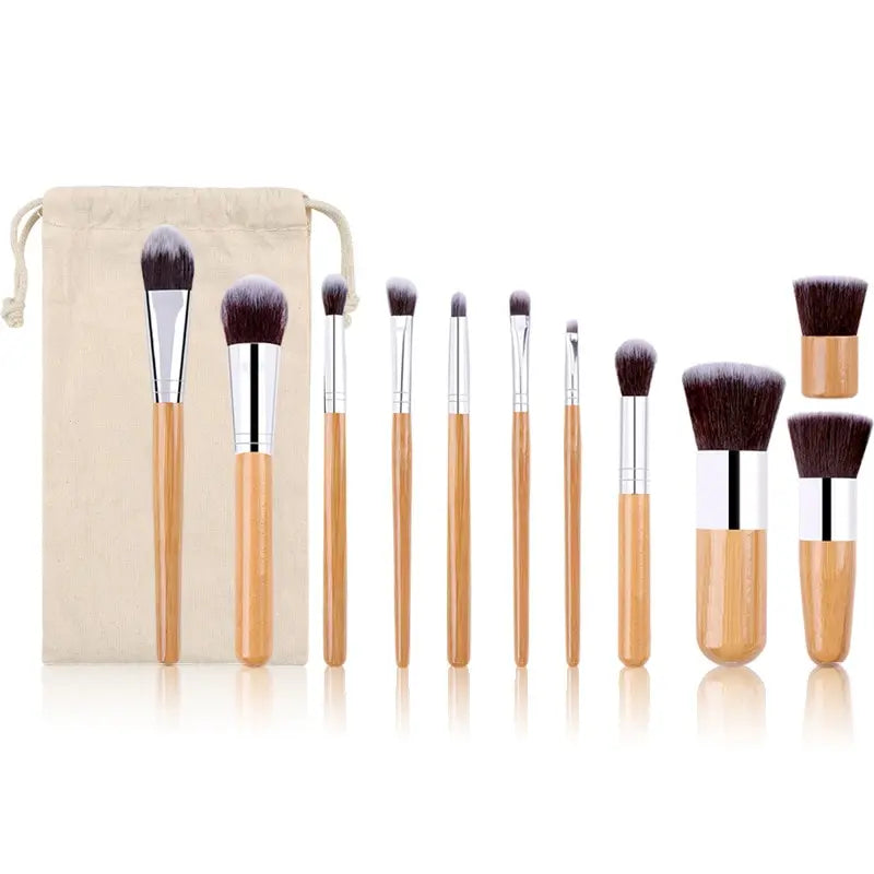 11pcs Natural Bamboo Handle Makeup Brushes Set High Quality Foundation Blending Cosmetic Make Up Tool Set With Cotton Bag