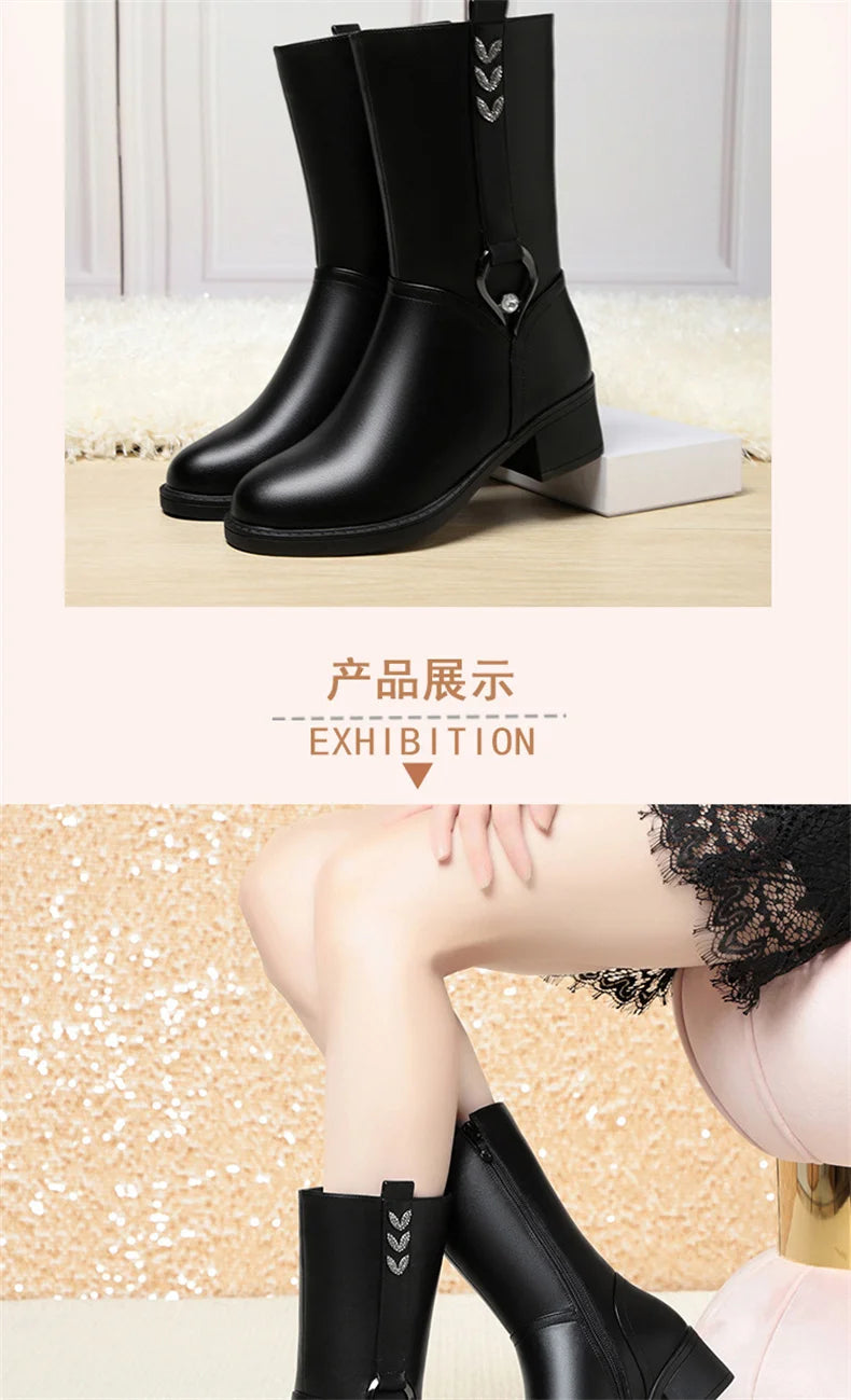 Mid-tube Women's Winter Warm Ankle Boots Soft Leather Thick-heeled New Mother Round Toe Fashion Elegant Cotton Boots