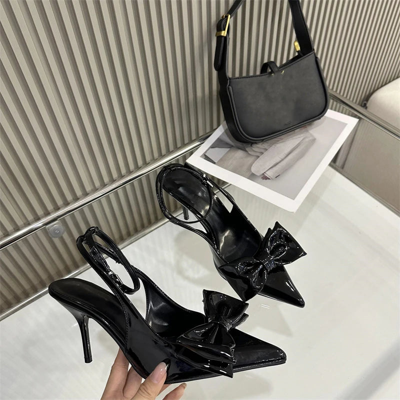 Hlieny Wine Red Ankle Strap Stilettos For Woman Patent Leather Bow Pointed Toe Slingbacks High Heels Sandals Women Pumps Shoes