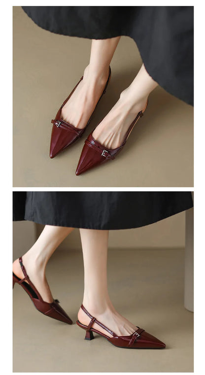 2024 New Summer Women's Dress Shoes Patent Leather Slip on Pointed Toe Sandals Buckle Slingbacks Mid Heels Pumps Sandalias Mujer