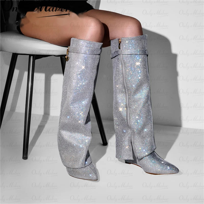 Onlymaker Women Rhinestones Knee High Boots Sexy Party Dress Wedding Shark Lock Bling Buckle Pointed Toe Boots