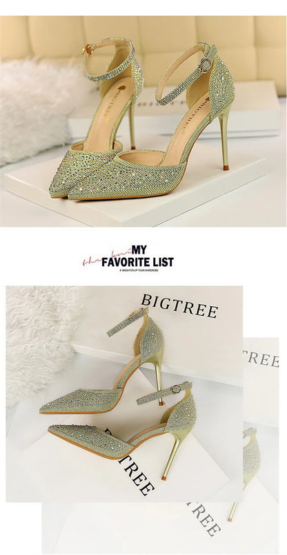 Korean Version Shiny Rhinestones High Heels Shoes Women Pumps Stiletto Sweet Heels Hollow Wedding Sandals 10 Cm Nightclub 283-16