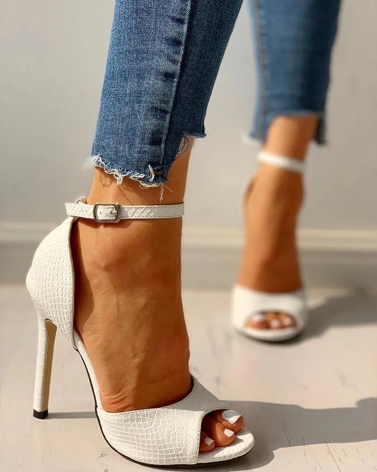 Sexy Dress Wedding Shoes Women Ankle Strap Peep Toe High Heel Sandals White Super High Heels Buckle Snake Pattern Woman Pumps