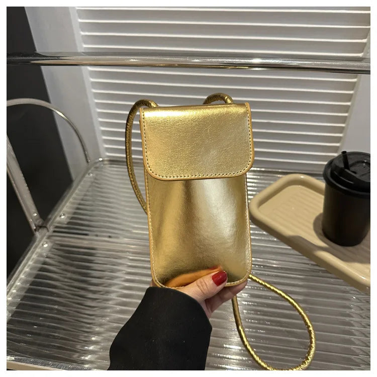 Fashion Versatile Metallic Glossy Shoulder Crossbody for Women Silver Gold PU Mini Bag Portable Lipstick Bag Mobile Phone Bag