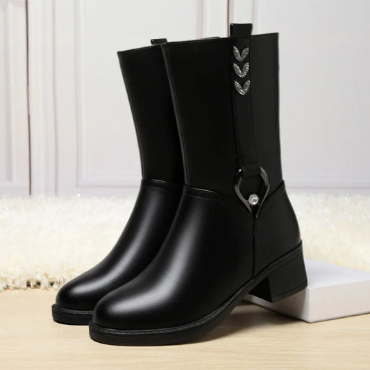 Mid-tube Women's Winter Warm Ankle Boots Soft Leather Thick-heeled New Mother Round Toe Fashion Elegant Cotton Boots