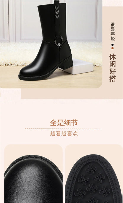 Mid-tube Women's Winter Warm Ankle Boots Soft Leather Thick-heeled New Mother Round Toe Fashion Elegant Cotton Boots