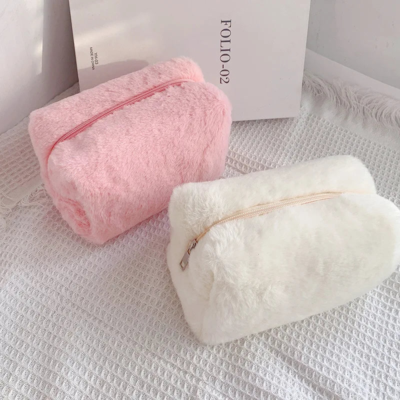 Solid Fur Cosmetic Storage Bag Large Women Zipper Makeup Organizer Handbag Stationery Pencil Case Travel Make Up Toiletry Punch