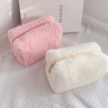 Solid Fur Cosmetic Storage Bag Large Women Zipper Makeup Organizer Handbag Stationery Pencil Case Travel Make Up Toiletry Punch