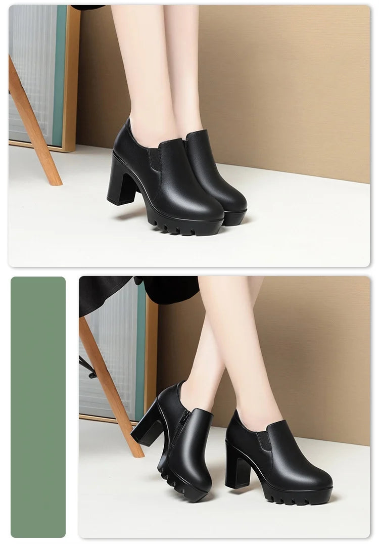 6.5cm 8.5cm Elegant Black Block High Heels Shoes Deep Mouth Spring 2024 Thick Platform Pumps Soft Leather for Office Model Work