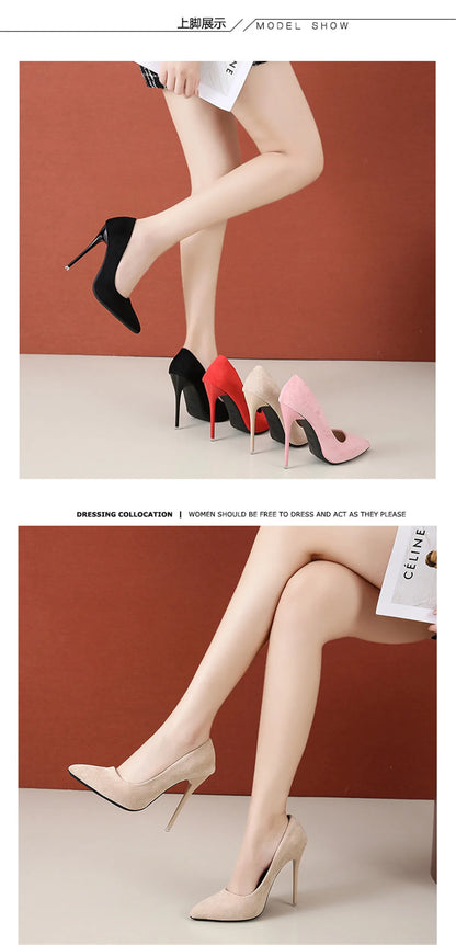 12cm high heel suede high heels female pointy thin heel shallow mouth Korean version pink single shoes large size 45