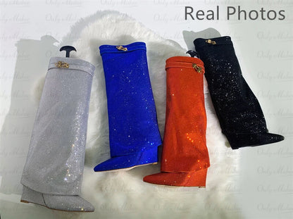 Onlymaker Women Rhinestones Knee High Boots Sexy Party Dress Wedding Shark Lock Bling Buckle Pointed Toe Boots