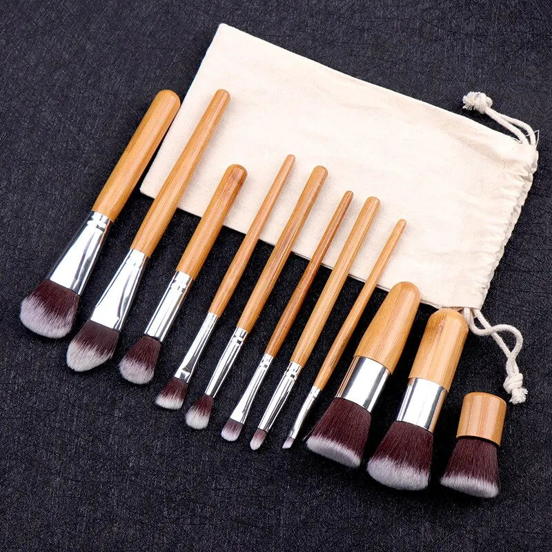 11pcs Natural Bamboo Handle Makeup Brushes Set High Quality Foundation Blending Cosmetic Make Up Tool Set With Cotton Bag