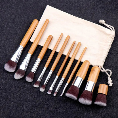 11pcs Natural Bamboo Handle Makeup Brushes Set High Quality Foundation Blending Cosmetic Make Up Tool Set With Cotton Bag