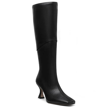 Knee High Boots Women Square Toe Kitten High Heel Tall Boots Fashion Side Zipper Stiletto Heel Long Boots