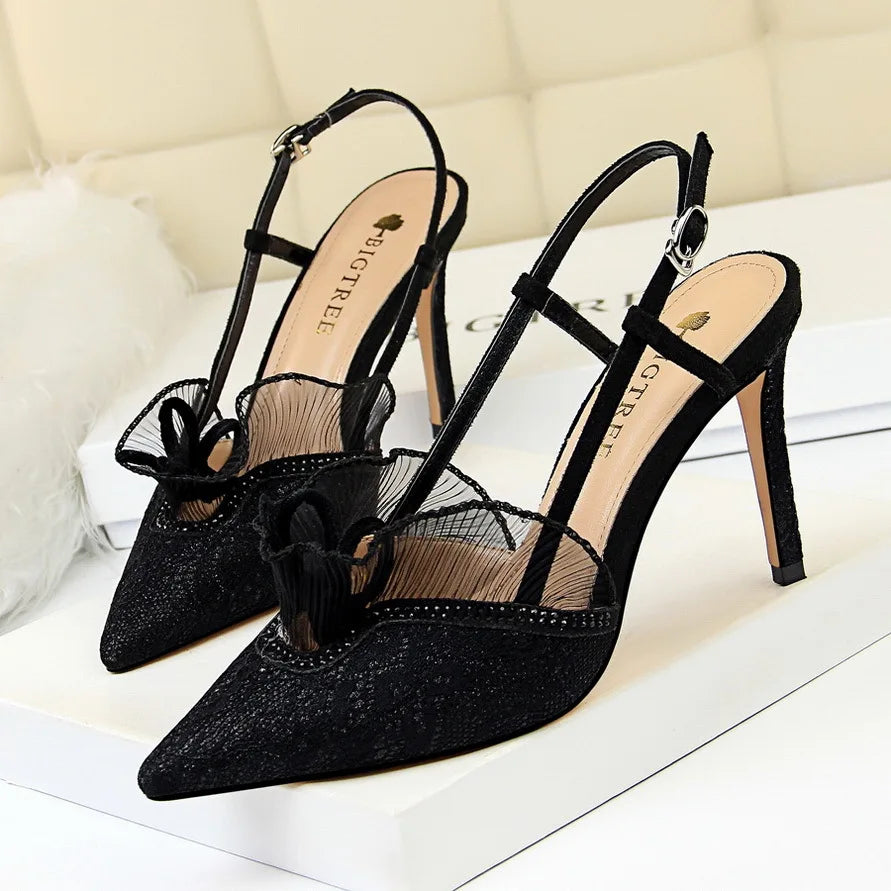 Fashion Women Sandals Mesh Rhinestone Lace Hollow Kitten Pumps Stilettos Summer 313-5Thin High Heel Single Shoes Grace Slippers