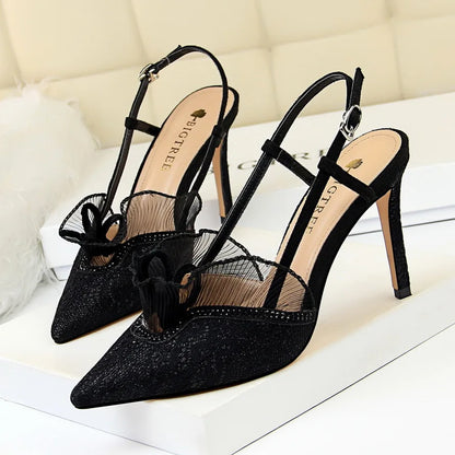 Fashion Women Sandals Mesh Rhinestone Lace Hollow Kitten Pumps Stilettos Summer 313-5Thin High Heel Single Shoes Grace Slippers