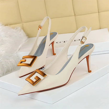 Metal Square Buckle Thin Heel Party Shoes Black Green White Woman Pointed Toe Hollow Back Strap Pumps Middle Heel Sandals