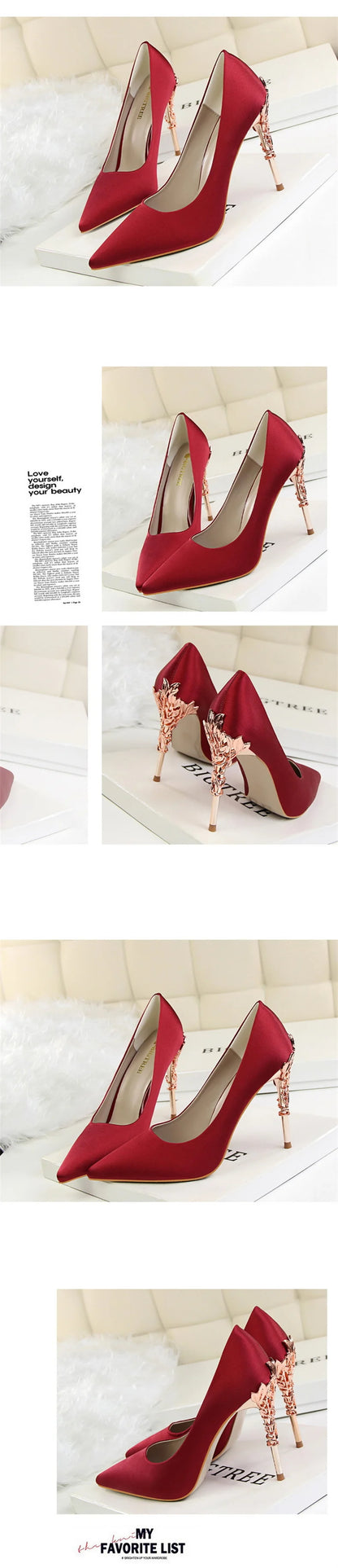 Woman Metal Heels Satin Silk Dress Fashion Pumps Lady Wedding Bridal Catwalk Orange Green Wine Red Pointed Tip Shoes 9219-2