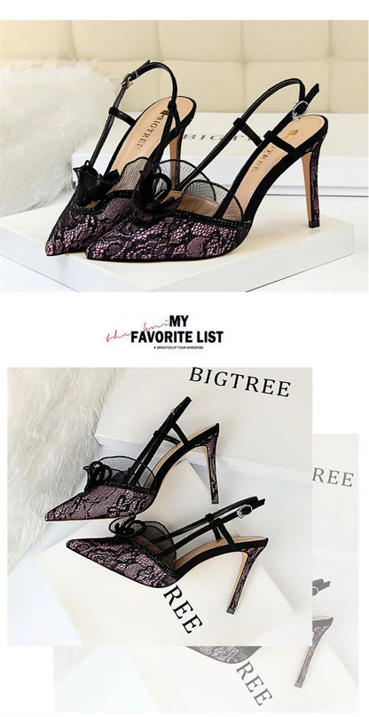 Fashion Women Sandals Mesh Rhinestone Lace Hollow Kitten Pumps Stilettos Summer 313-5Thin High Heel Single Shoes Grace Slippers