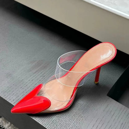 Elegant Pointed Toe Transparent PVC Heart High Heels Mules Slipper Shoes Women 2024 Black White Red Shoes Luxury Designer Pumps