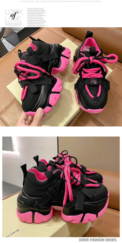 Fashion Chunky Sneakers Women Autumn Lace Up Platform Sports Shoes 7.5CM Thick Bottom High Heels Female Leather Sneakers Woman