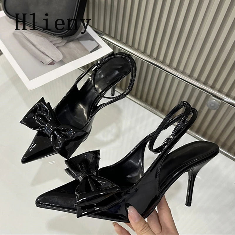 Hlieny Wine Red Ankle Strap Stilettos For Woman Patent Leather Bow Pointed Toe Slingbacks High Heels Sandals Women Pumps Shoes