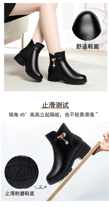 New Winter Women Boots Rhinestone Leather Boots Autumn Winter Warm Cotton Shoes Low Heel Round Head Side Zip Footwear Anti-slip