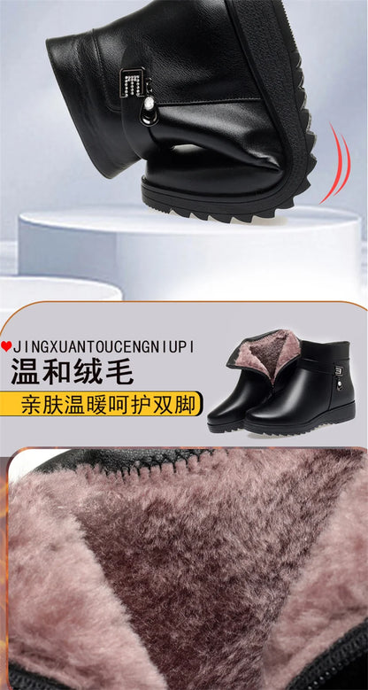 Autumn Winter Mum Warm Cotton Soft Shoes Women  Fleece Side Zip Thick Bottom Short Boots Leisure Round Head Flats Boots