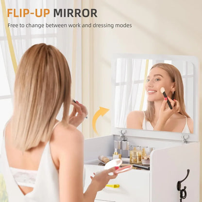 3 in 1 Vanity Desk Plip Top Mirror,Small Make Up Vanity Set Visible Glass Desktop,Compact Makeup Vanity 3 Drawers,Cushioned Tool