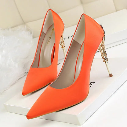 Woman Metal Heels Satin Silk Dress Fashion Pumps Lady Wedding Bridal Catwalk Orange Green Wine Red Pointed Tip Shoes 9219-2