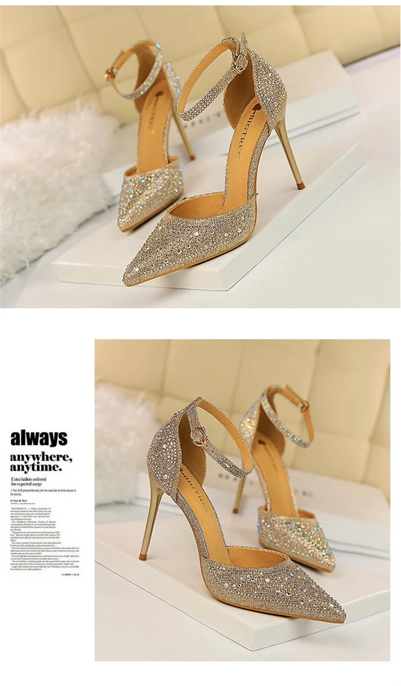 Korean Version Shiny Rhinestones High Heels Shoes Women Pumps Stiletto Sweet Heels Hollow Wedding Sandals 10 Cm Nightclub 283-16