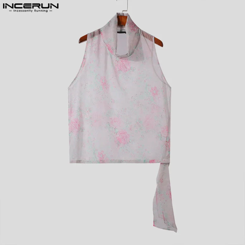 INCERUN Men Tank Tops Flower Printing Turtleneck Sleeveless Chiffon Transparent Male Vests Streetwear 2025 Stylish Men Clothing