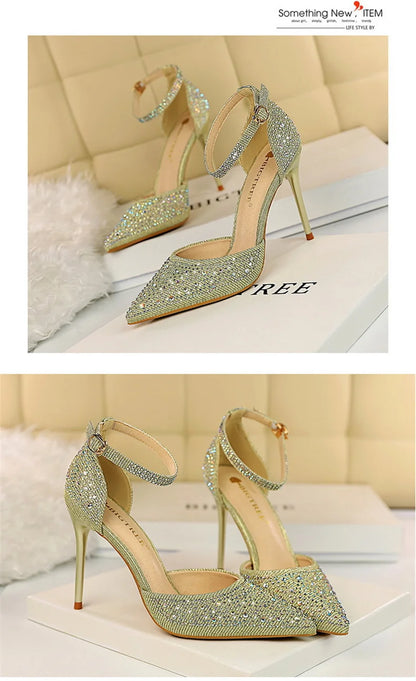 Korean Version Shiny Rhinestones High Heels Shoes Women Pumps Stiletto Sweet Heels Hollow Wedding Sandals 10 Cm Nightclub 283-16