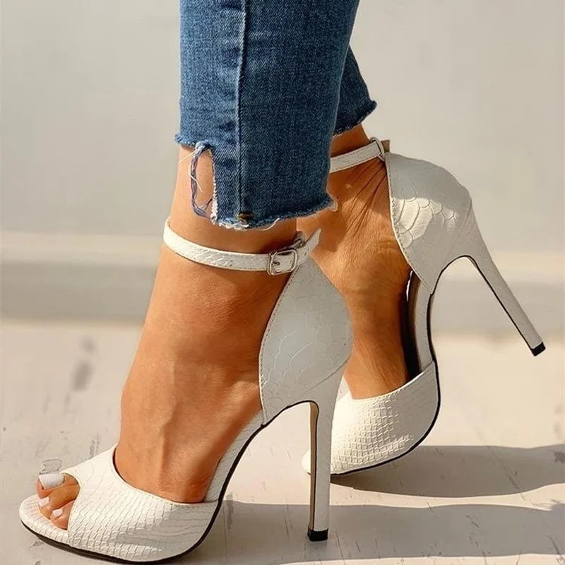 Sexy Dress Wedding Shoes Women Ankle Strap Peep Toe High Heel Sandals White Super High Heels Buckle Snake Pattern Woman Pumps