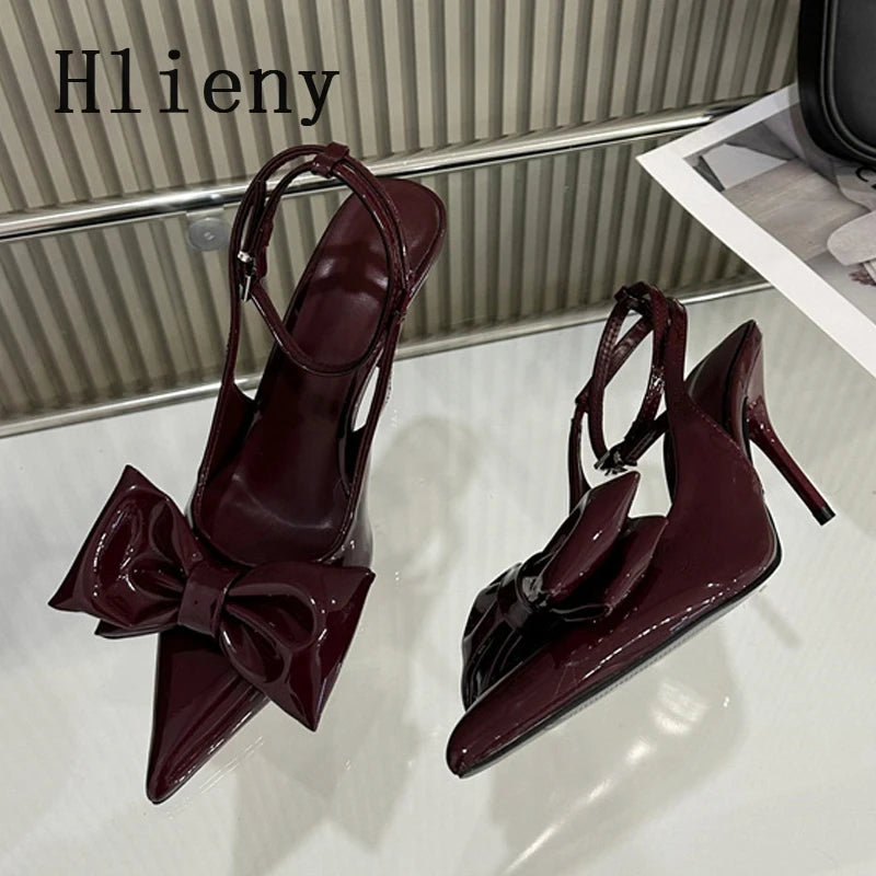 Hlieny Wine Red Ankle Strap Stilettos For Woman Patent Leather Bow Pointed Toe Slingbacks High Heels Sandals Women Pumps Shoes