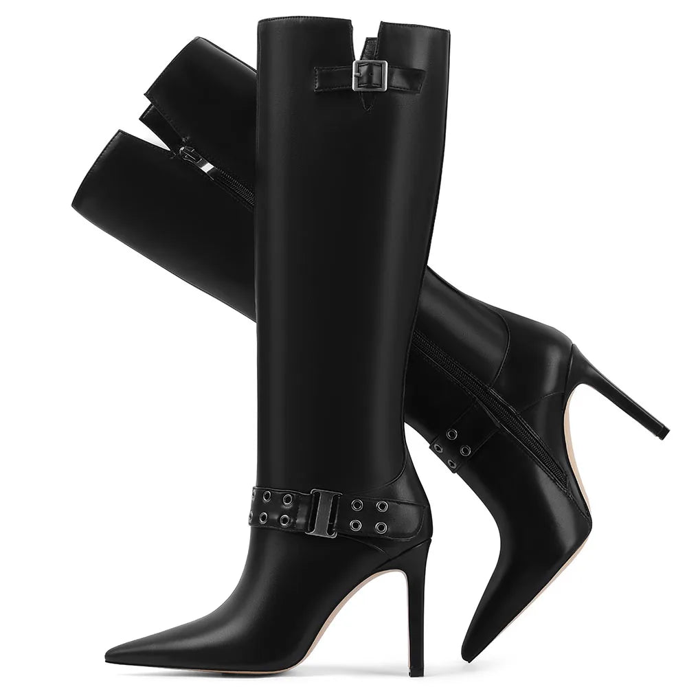 Sexy Women Knee High Boots Buckle Rivet Design Pointed Toe Thin Heel Shoes Fashion Luxury Party Halloween Shoes Women