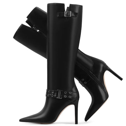 Sexy Women Knee High Boots Buckle Rivet Design Pointed Toe Thin Heel Shoes Fashion Luxury Party Halloween Shoes Women