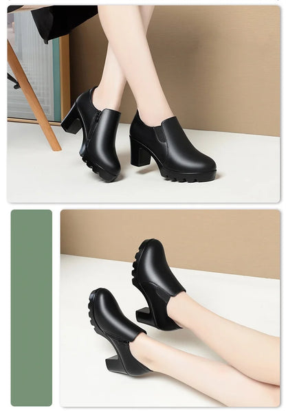 6.5cm 8.5cm Elegant Black Block High Heels Shoes Deep Mouth Spring 2024 Thick Platform Pumps Soft Leather for Office Model Work