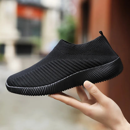 Women's Solid Color Mesh Sneakers Flying Woven Walking Fashion Slip-on Flat Shoes Sports Running Tennis