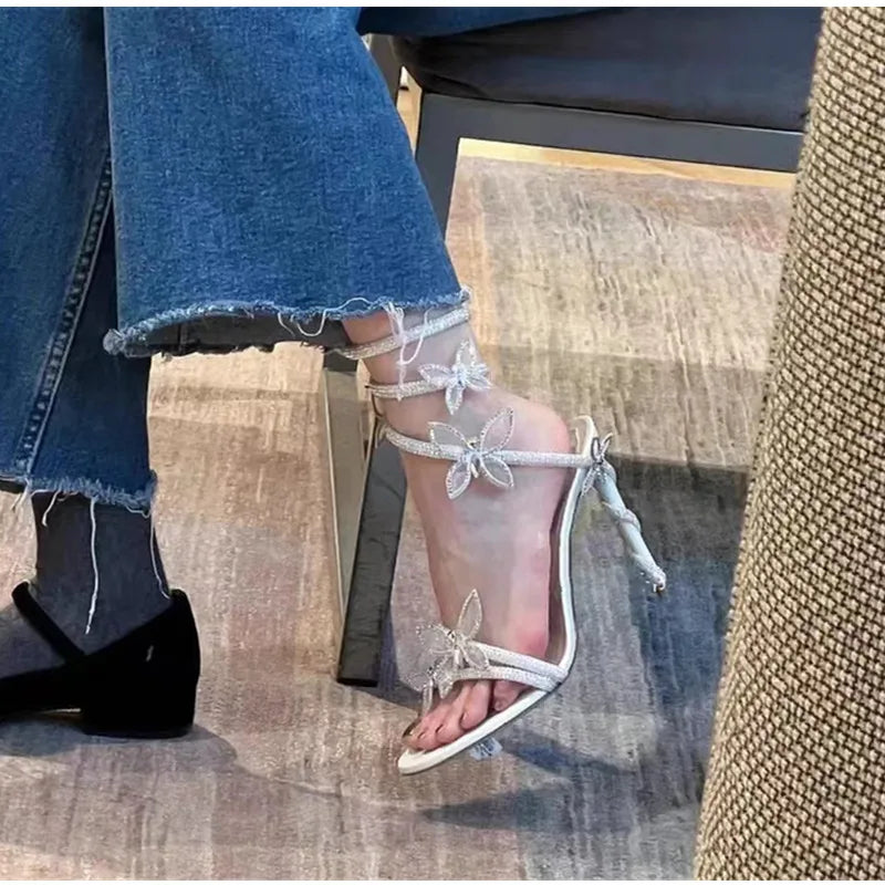 Luxury Crystal Embellished Butterfly Detail Women Sandals Sexy Coiled Strap High heels Gladiator Sandals Summer Party prom Shoes