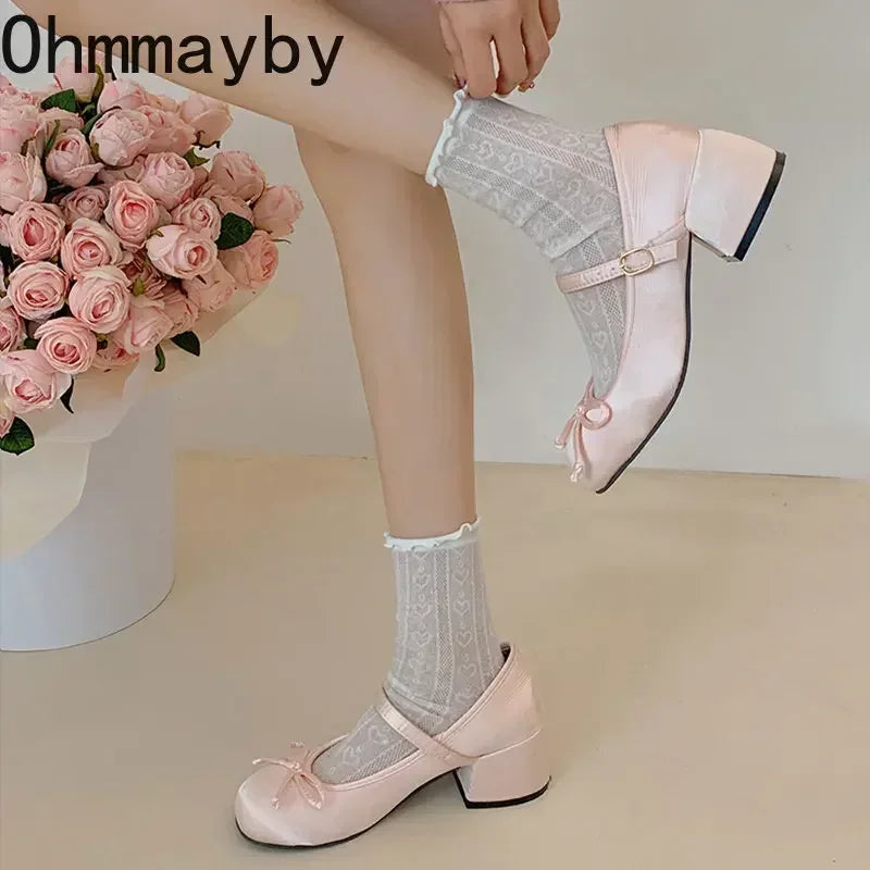 2024 Spring Autumn Mary Jane Shoes Fashion Shallow Round Toe Mid Heel Shoes Ladies Elegant Outdoor Single Pumps Shoes