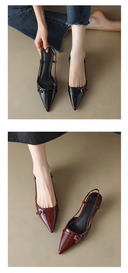 2024 New Summer Women's Dress Shoes Patent Leather Slip on Pointed Toe Sandals Buckle Slingbacks Mid Heels Pumps Sandalias Mujer