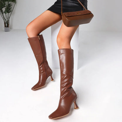 Knee High Boots Women Square Toe Kitten High Heel Tall Boots Fashion Side Zipper Stiletto Heel Long Boots