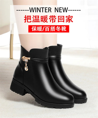 New Winter Women Boots Rhinestone Leather Boots Autumn Winter Warm Cotton Shoes Low Heel Round Head Side Zip Footwear Anti-slip