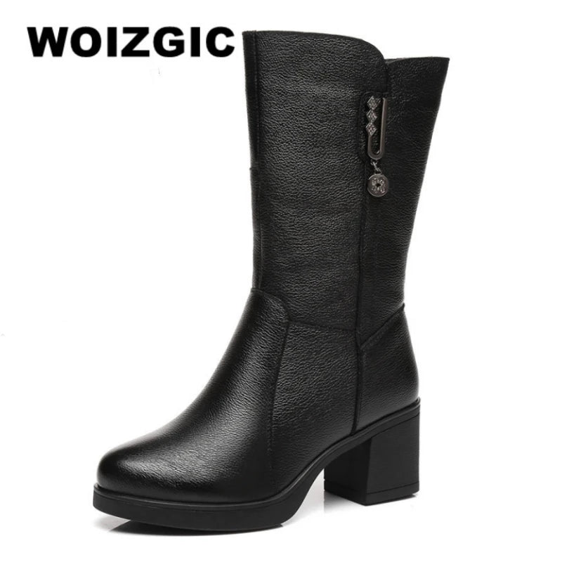 WOIZGIC women genuine leather mid calf boots female mather ladies winter fur plush warm