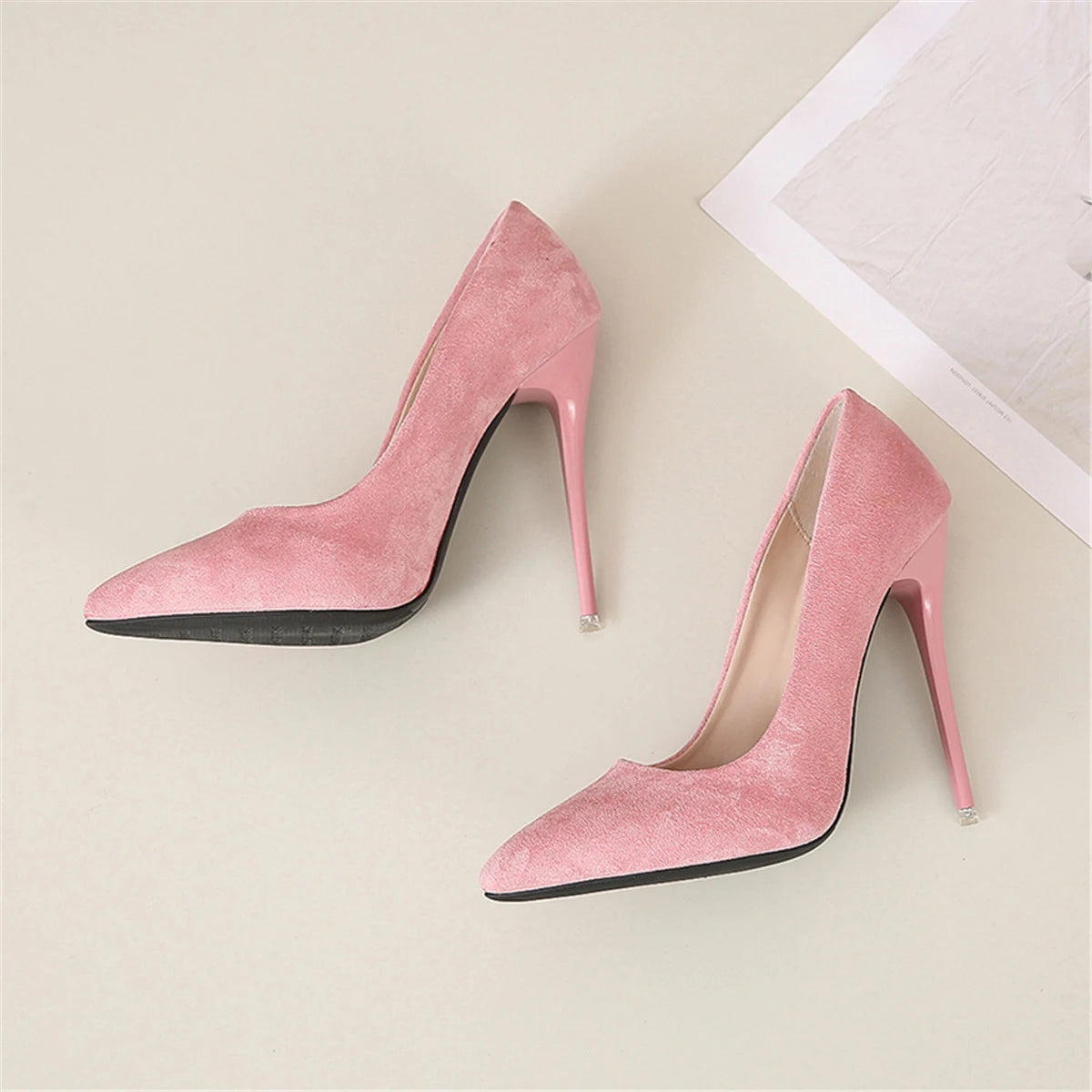 12cm high heel suede high heels female pointy thin heel shallow mouth Korean version pink single shoes large size 45