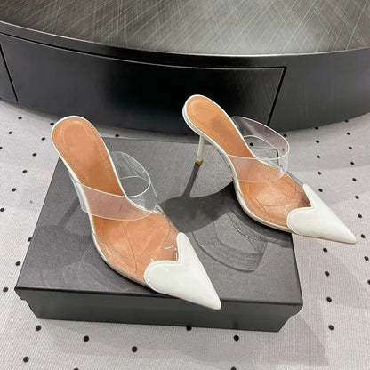 Elegant Pointed Toe Transparent PVC Heart High Heels Mules Slipper Shoes Women 2024 Black White Red Shoes Luxury Designer Pumps