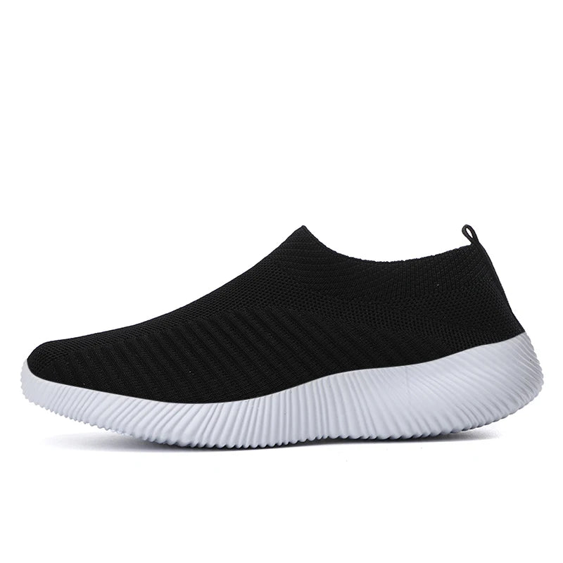 Women's Solid Color Mesh Sneakers Flying Woven Walking Fashion Slip-on Flat Shoes Sports Running Tennis